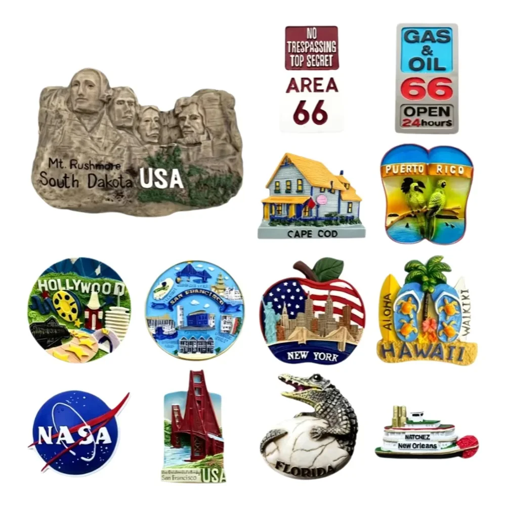 USA Tourist Souvenir Fridge Magnet Route66 NASA Mt Rushmore NY Hawaii Florida Resin Refrigerator Decor
