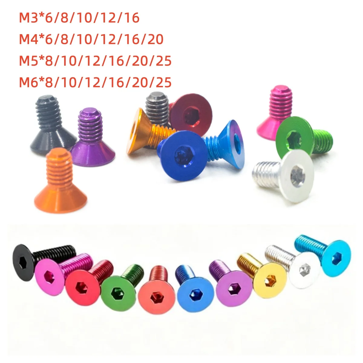 Xyfster 10pcs Aluminum DIN7991 Flat Screw M3 M4 M5 M6x6/8/10/12/14/16/20/25 Hex Socket Countersunk head Screws Bolts