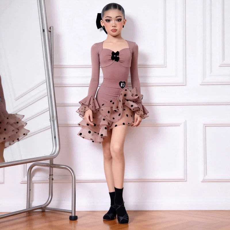 

Latin Dance Costume for Girls Long Sleeve Dot Ruffle Skirt Girl Performance Suit Kids Tango Cha Cha Practice Clothes