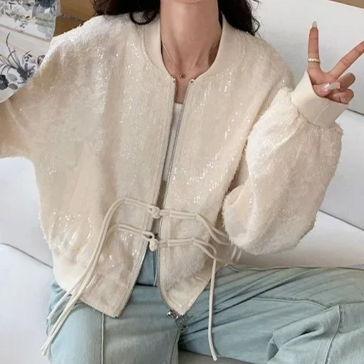 

Shiny New Women's Baseball Jacket Spring Autumn Fashionable Button Up Top Denim Jacket Trendy Sequin Outerwear