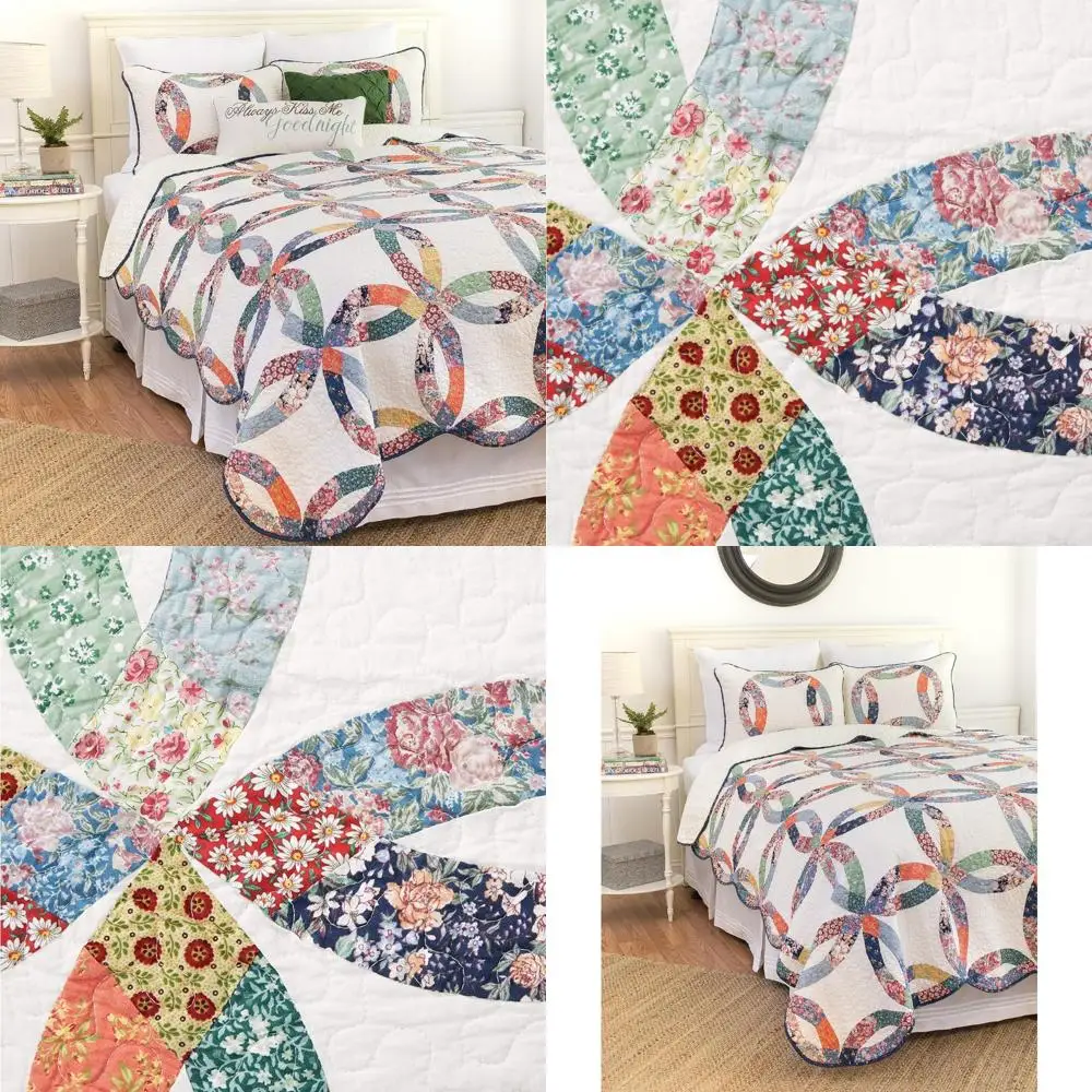 

Luxury Vintage 3-Piece Full/Queen Patchwork Double Wedding Ring Bedding Set for All Seasons, Machine Washable