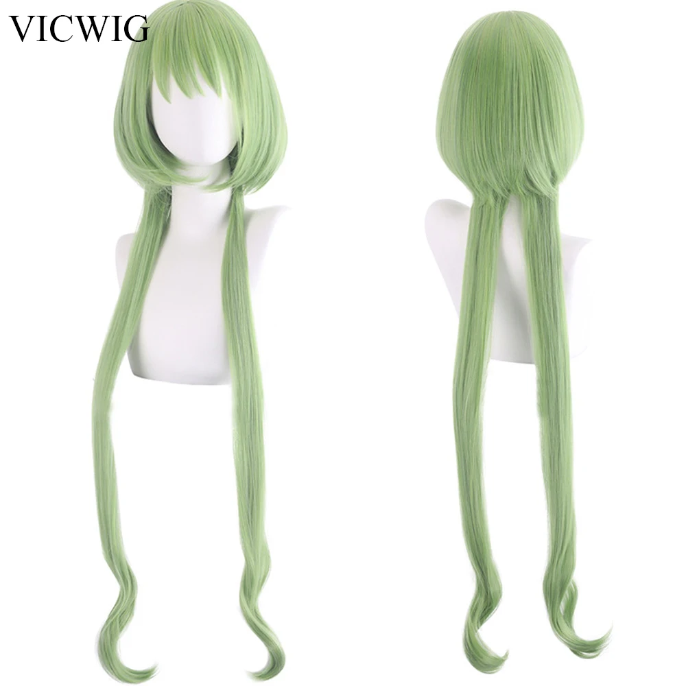 VICWIG Long Straight Green Wigs with Bangs Cut Lolita Jellyfish Head Women Natural Hair Wig for Daily Party