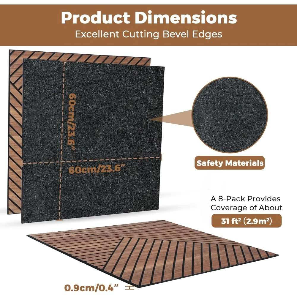 剥がして貼るだけの吸音壁パネル – 8枚入り 自己粘着式 木目調 防音パネル 23.6インチ x 23.6インチ 室内壁装飾用