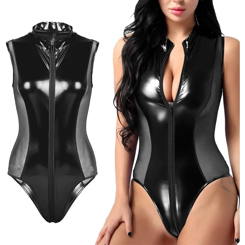جديد مع الرمز البريدي Wetlook 1 قطعة ملابس السباحة بذلة الملابس الداخلية النساء مثير جلدية ارتداءها المرأة لامعة اللاتكس Catsuit مفتوحة ارتداءها L رمز #1