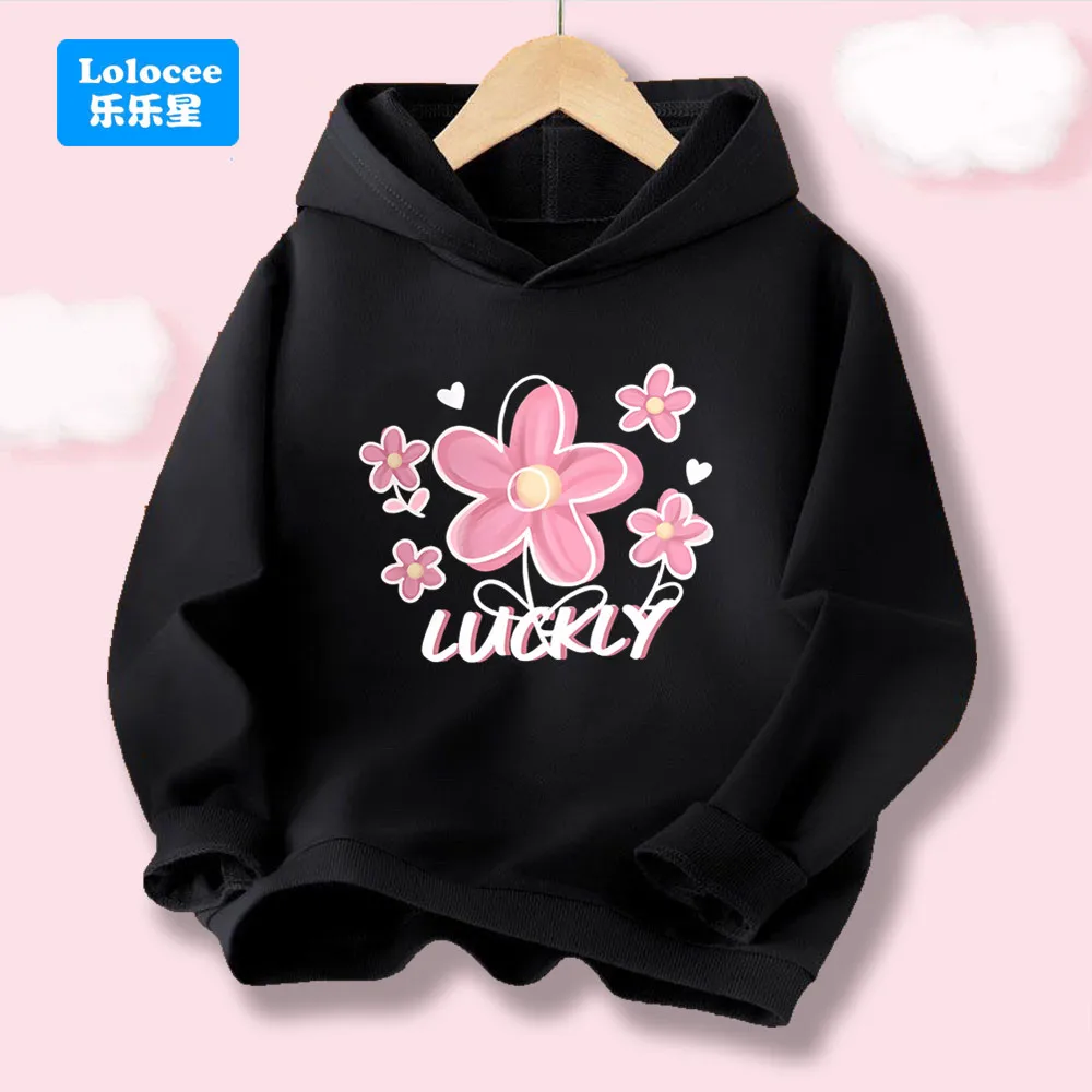 2025 Spring Autumn New Arrival Girls' Fashion Hoodie Pink Lucky Flower Printed Sweatshirts Daily Casual Sporty Pullover HHY1