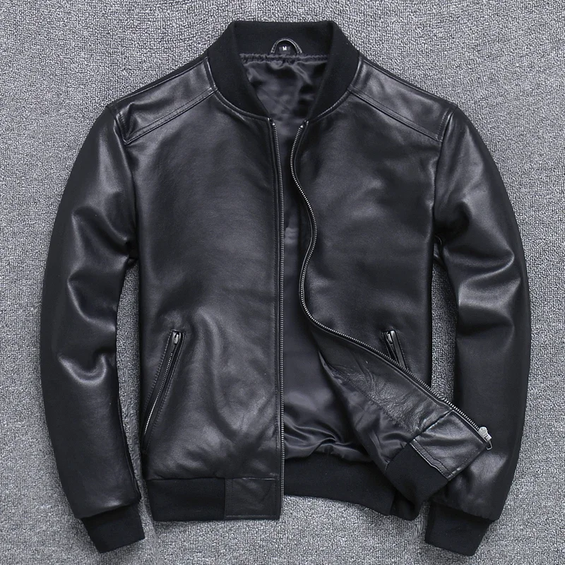 Men Pilot Sheepskin Real Leather Jacket coat short  Slim business jacket leather Black Aviation Genuine Leather Bomber Jacket