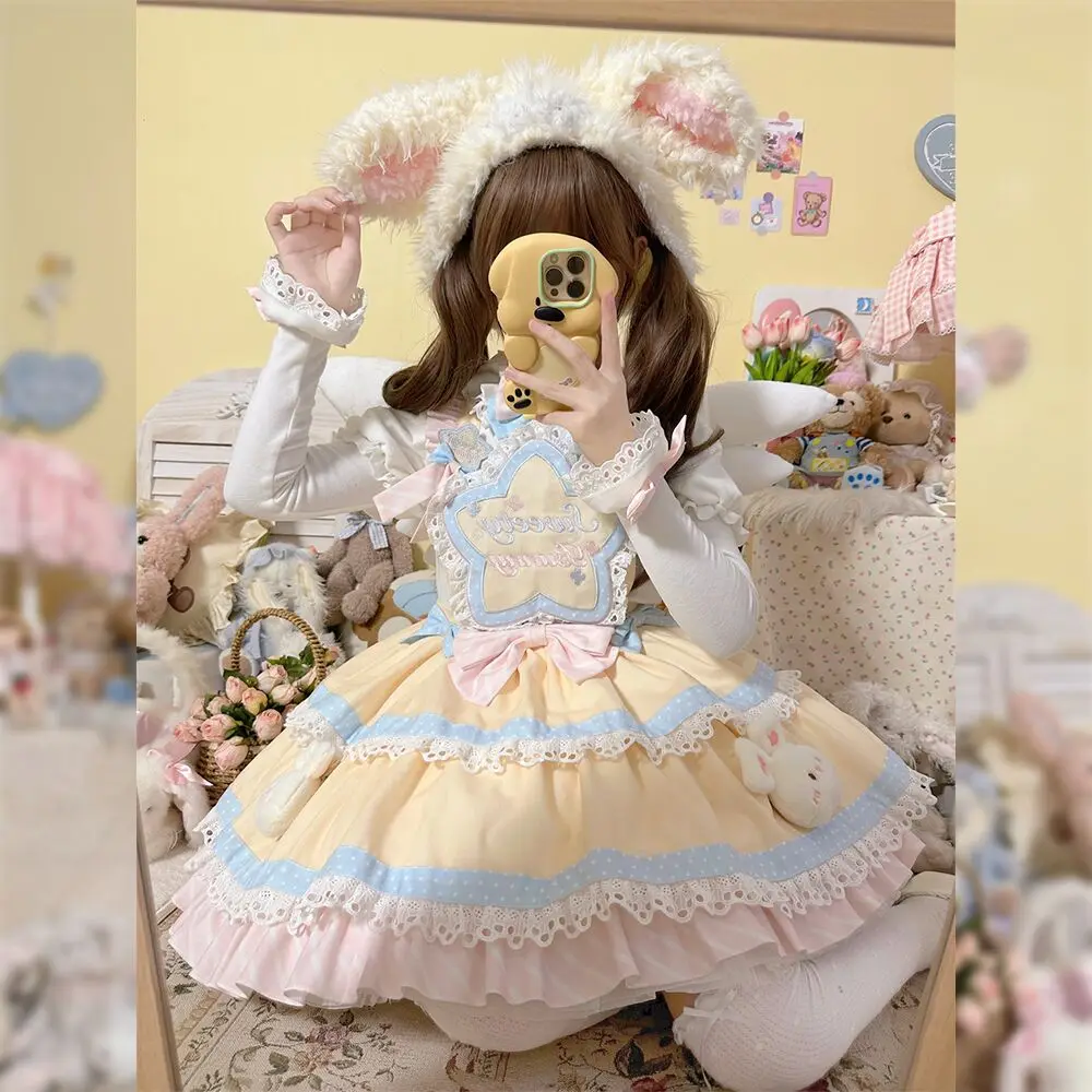 Sweet Lolita Sweetheart Rabbit Bear Cartoon Printing With Apron Bow Sleeveless Lace Ruffles JSK Dress Soft Girly Camisole Dress