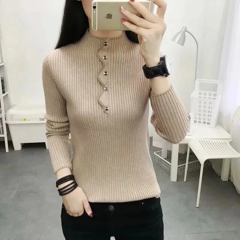 Slim Long Sleeve Simplicity Vintage Sweaters Autumn Winter Solid All-match Casual Pullovers Top Fashion Elegant Women Clothing