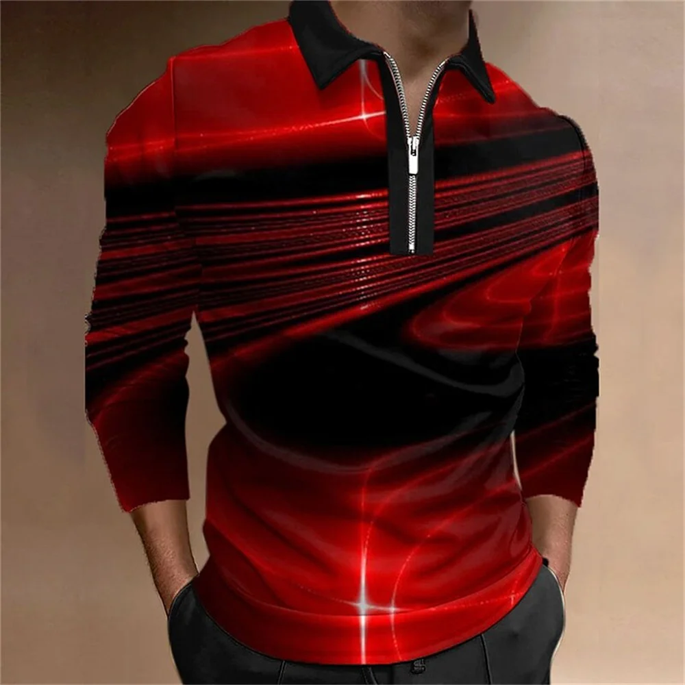 Fashion Men\'s Clothing Polo Shirts Casual Turn-Down Collar Zipper Golf Wear Ladder Print  Long Sleeve Tee Shirt Men Polos Tops