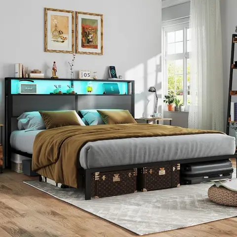 King Size Bed Frame with Headboard, Metal Platform Bed Frame with LED Lights & Charging Station, Under Bed Storage, Solid and St