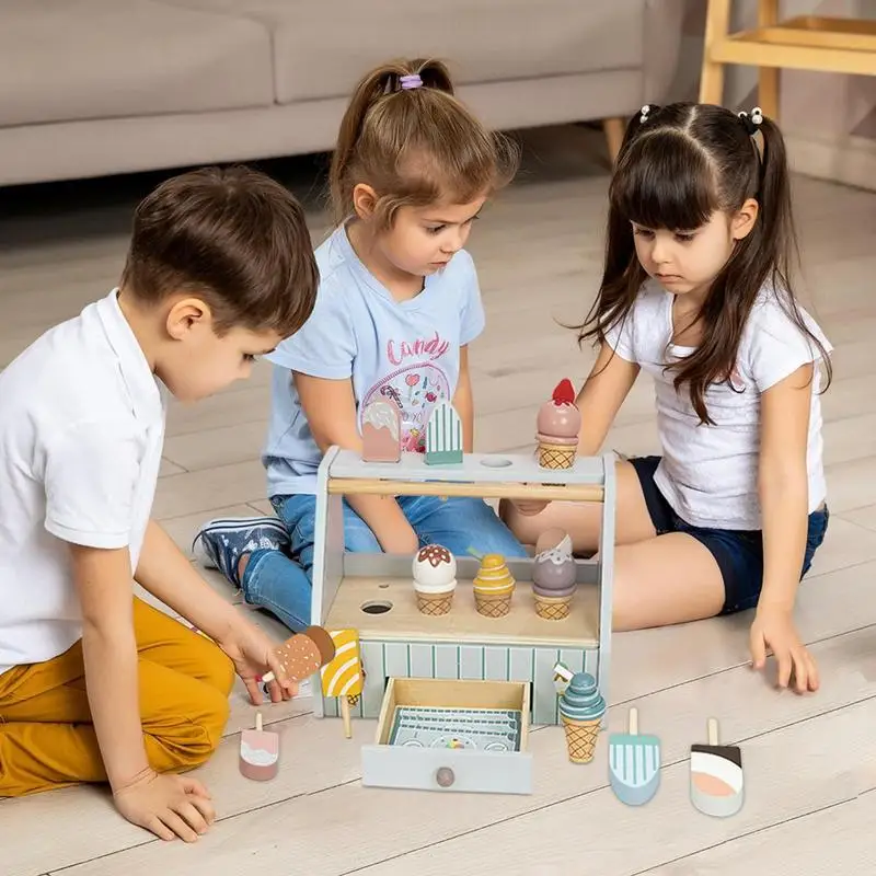 Kids Ice Cream Playset Wooden Ice Cream Counter Sale Toy Ice Cream Shop Toy Simulation Ice Cream Toy Set Kids Ice Cream Playset