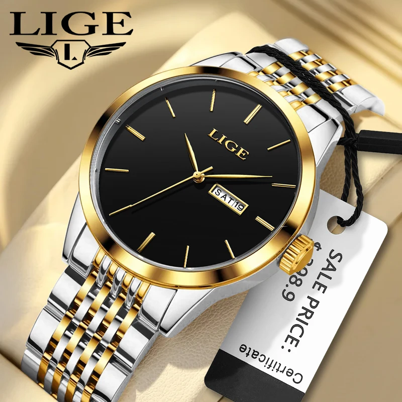 

LIGE Top Brand Luxury Quartz Man Watch Fashion Business Simple Stainless Band Calendar Watch for Men Casual Waterproof Date Week