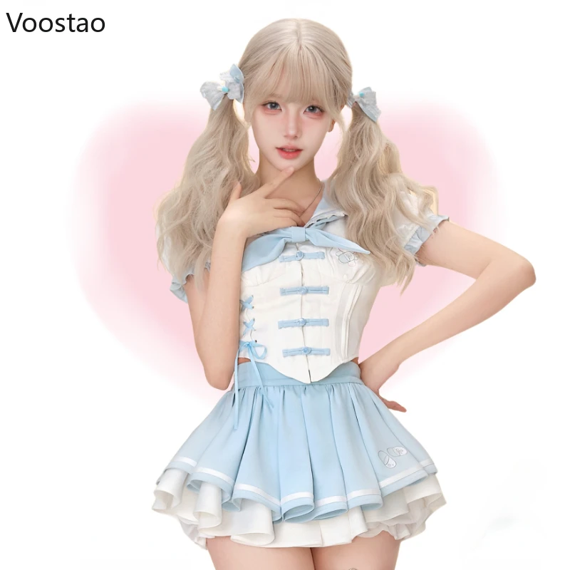 Preppy Style Sweet Lolita Skirt Set Women Cute Sailor Collar Cartoon Print Blouse Tops Mini Skirt Suit Female Korean Y2k Outfits