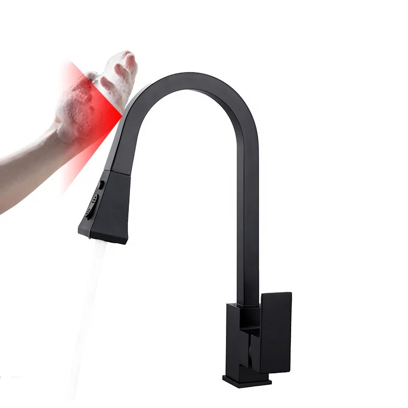 New Smart Automatic Sensor Matte Black Brass Deck-mounted Square Pull Out Kitchen Sink Faucet Cold Hot Water Mixer Tap XR1123