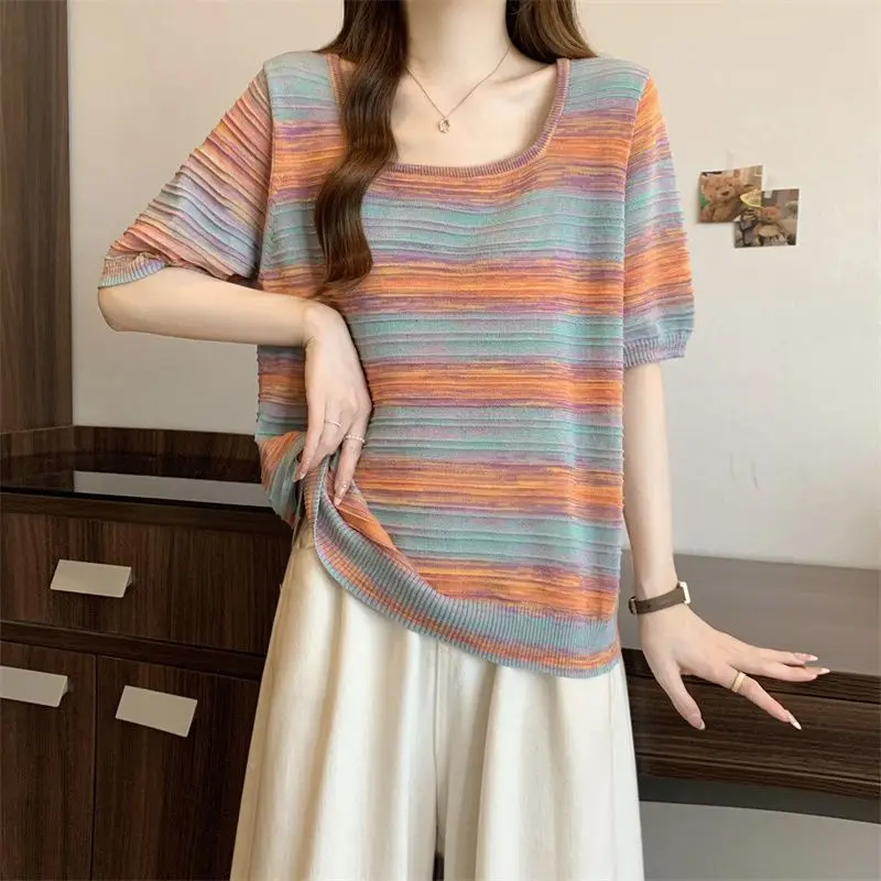 

Fashion Square Collar Gradient Knitted Casual T-Shirts Female Clothing 2025 Summer New Loose Korean Tops All-match Tee Shirt