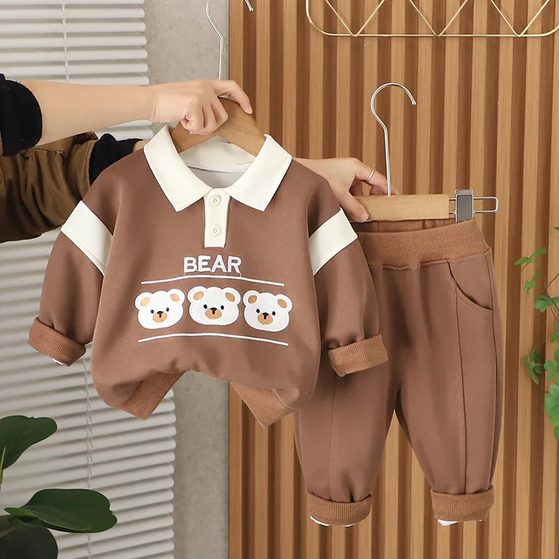 

Комплект одежды с принтом медведя для малышей от 0 до 5 лет, весенне-осенний комплект одежды с воротником-поло + брюки-джоггеры, повседневная одежда для мальчиков и девочек