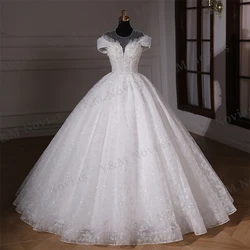 Real Pictures O neck Cap Sleeves Luxury Pearls Wedding Dress New Design Sheer Neck Plus Size Custom Made Princess Wedding Gown