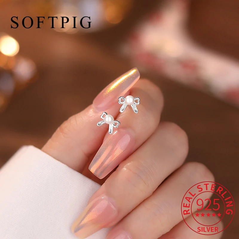 

SOFTPIG настоящее серебро 925 пробы мини-серьги-гвоздики с жемчугом и бантом в форме сердца для женщин милые изящные ювелирные изделия минималистичные аксессуары