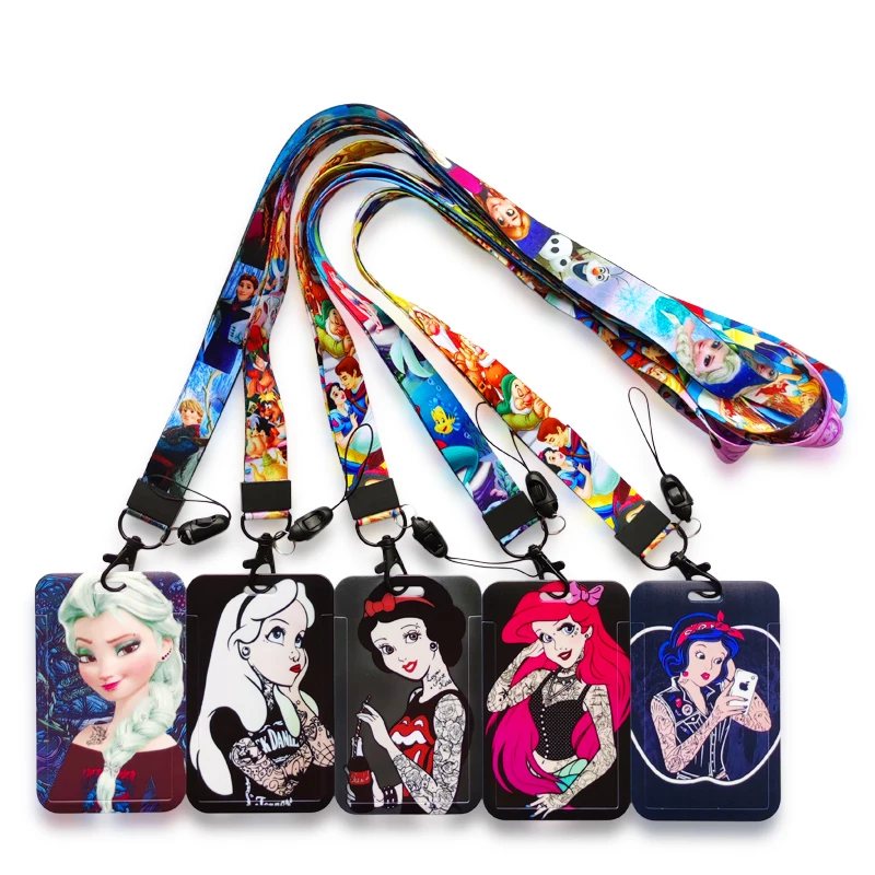 Disney เจ้าหญิงสาวสไตล์แฟชั่นเลื่อน Cover Id กระเป๋าใส่บัตร Lanyard ส่วนบุคคลที่ใส่บัตรประชาชนชุด