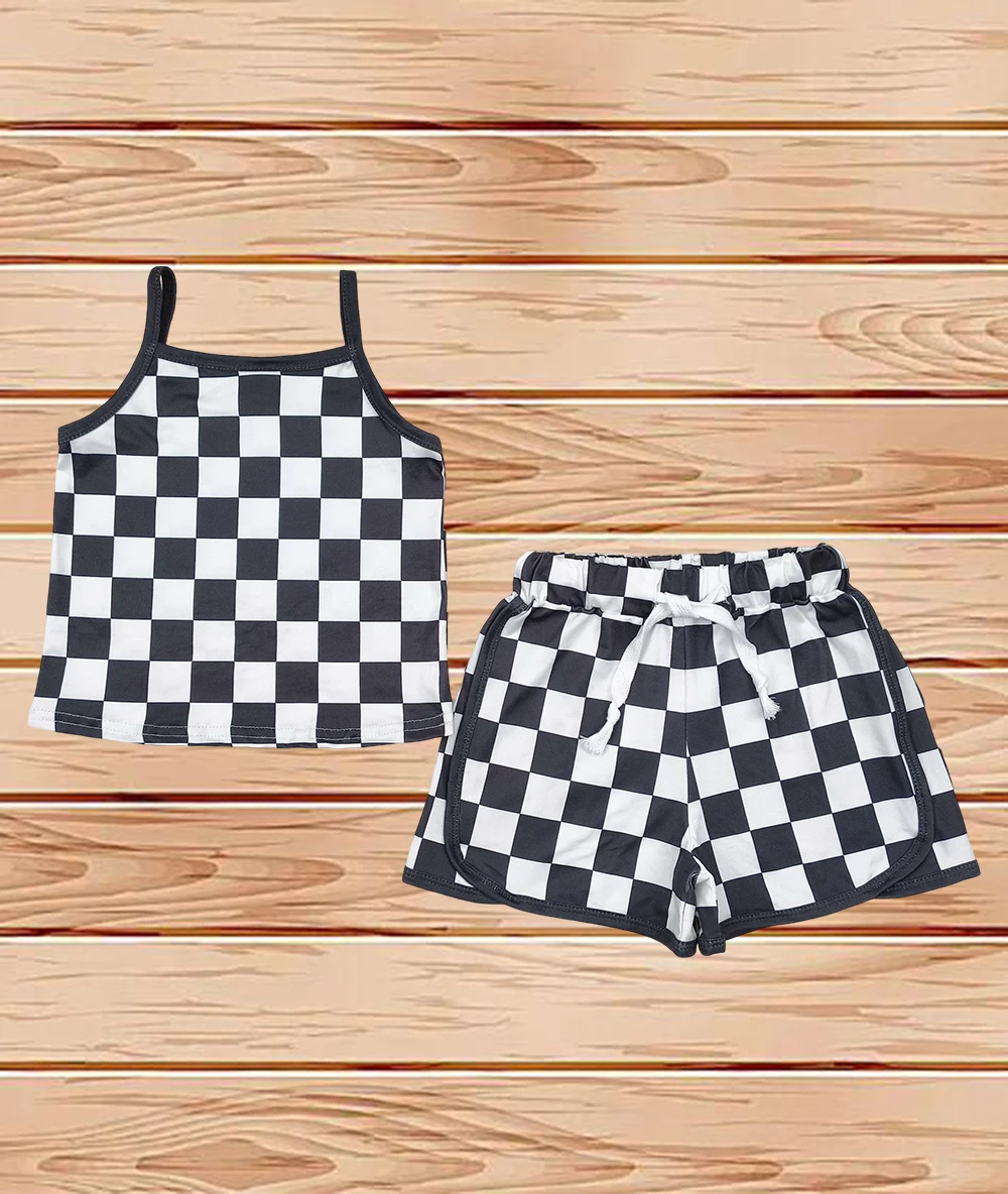 

4.14 Wholesale hot sale western boutique kid children clothing Baby Girls Black Strap Plaid Top Short Sports Sets