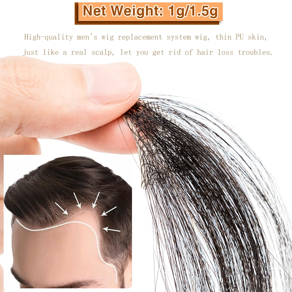 TESS 6inch Men Toupee Hairline Front Human Hair Natural Hair Male PU Hairpiece 2pcs Hair Patch For Hair Loss Invisible Extension