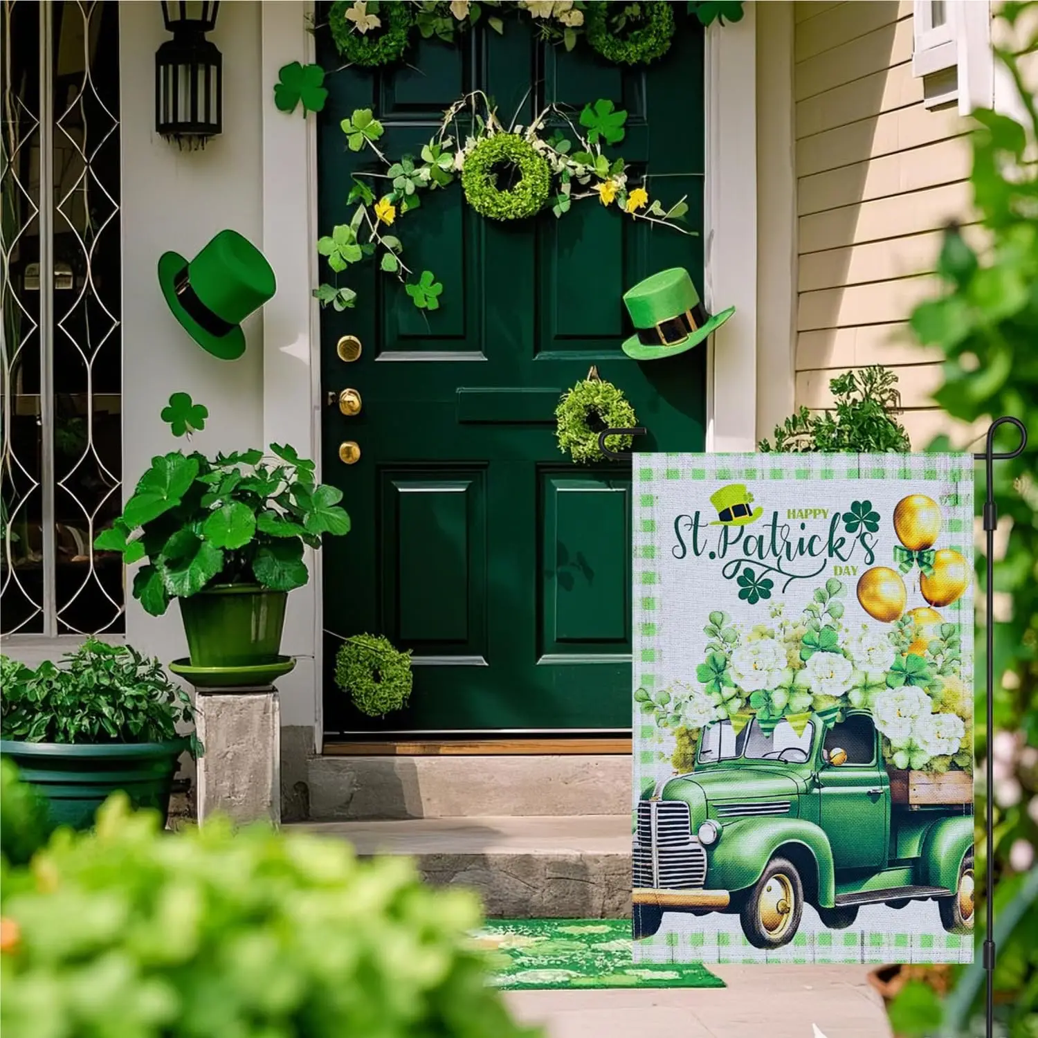 St Patricks Day Shamrocks Truck Garden Flag 12x18 Inch Double Sided for Outside Small Burlap Buffalo Plaid Lucky Clovers Hol EEZ