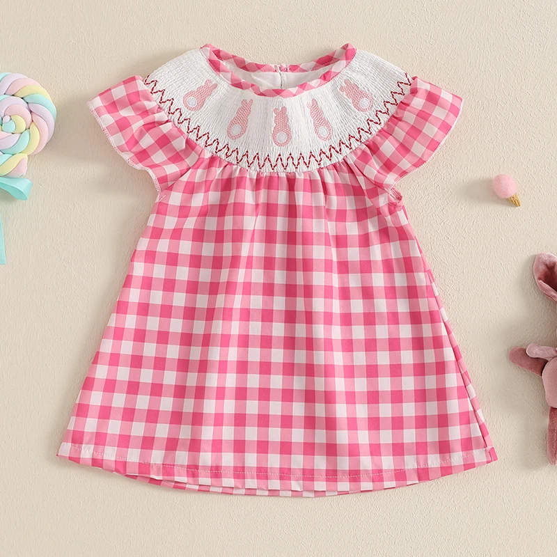 Toddler Infant Girls Cute Easter Dress Baby Bunny Embroidery Plaid Print Flying Sleeve Crew Neck A-Line Sweet Dress