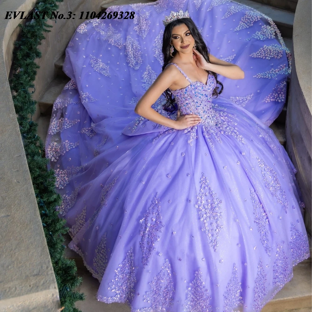 EVLAST Customized Mexican Lilac Quinceanera Dress Ball Gown Sequins Lace Applique Beading Bow Sweet 16 Vestido De 15 Anos E3Q265