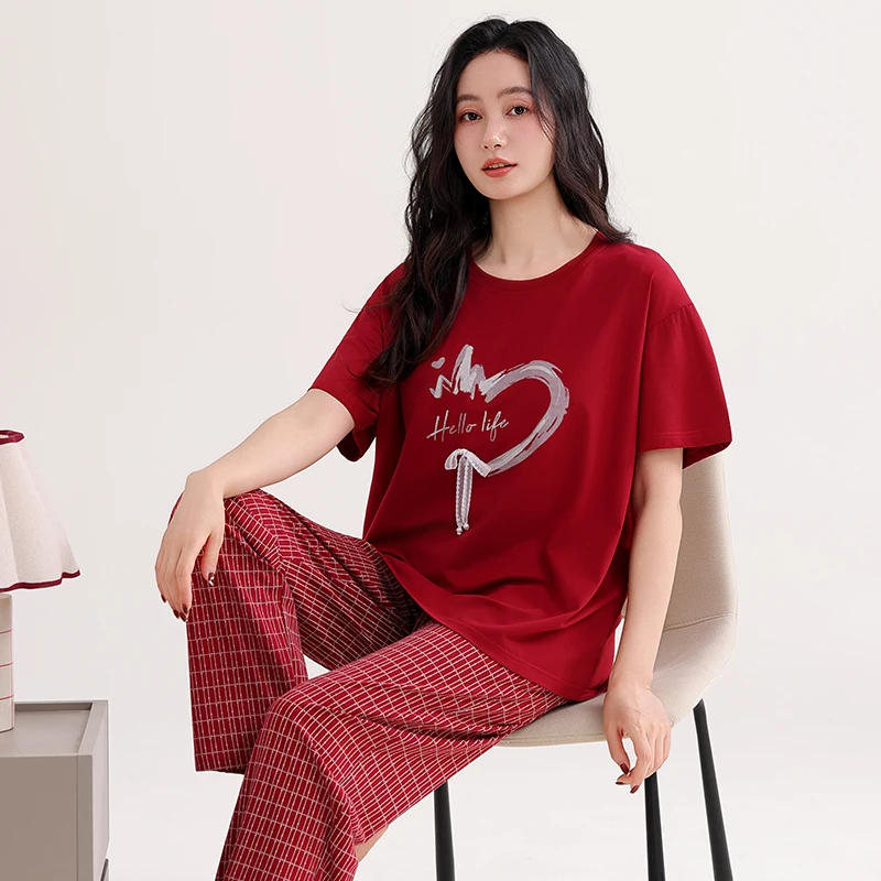 High Quality Summer Women Pajamas Set Female 100% Cotton Short Sleeve Long Pants Homewear