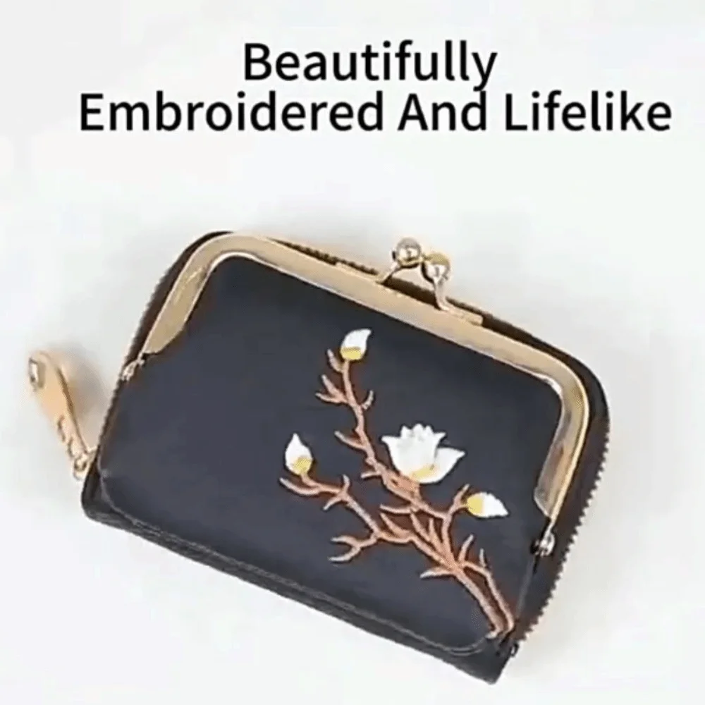 Casual Korean Style PU Clasp Clutch Bag Wallets Solid Color Flower Embroidery Coin Purse Zipper Pouch Card Holder Outdoor
