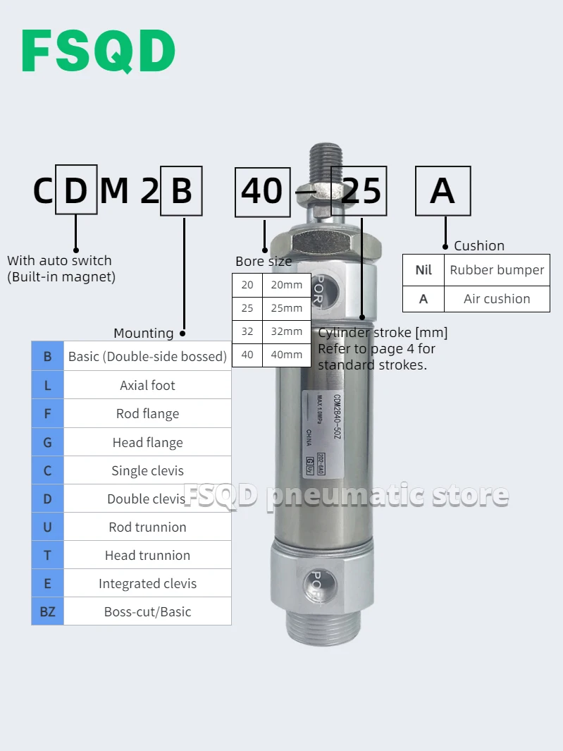 

CDM2B40-25 CDM2B40-50 CDM2B40-60 100 150 175 200 250 300 Z A AZ FSQD мини-воздушный цилиндр серии CDM2B