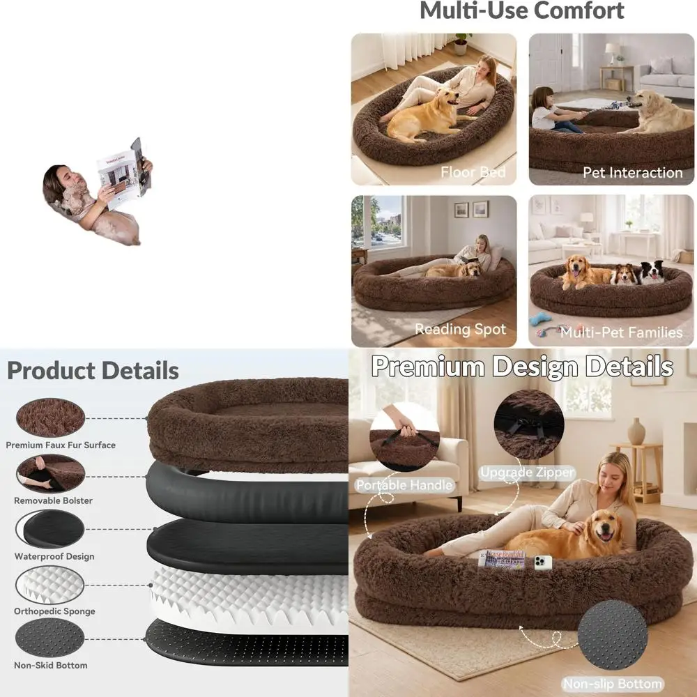 

Ортопедическая моющаяся лежанка для собак очень большого размера с переносной ручкой и коричневым пледом