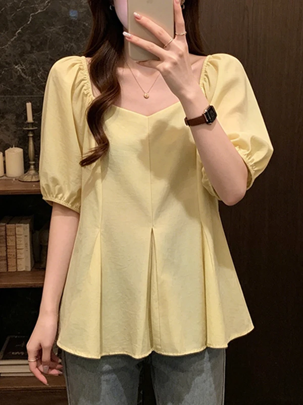 

Summer 2026 Women's plus Size Shirt Square Collar Sweet Waist Cinching Belly Covering Lace Hemline Korean Style Casual Breath...