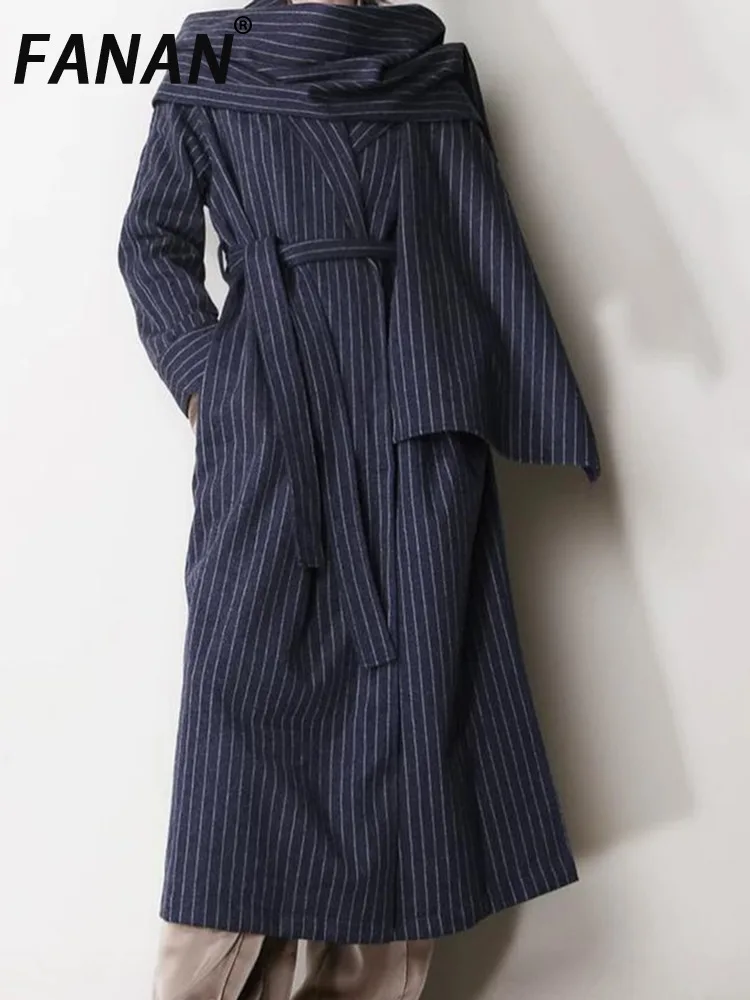 

FANAN Striped Patchwork Button Chic Trench Women's Scarf Collar Long Sleeve Loose Temperament Long Coats Female Fashion Clothes