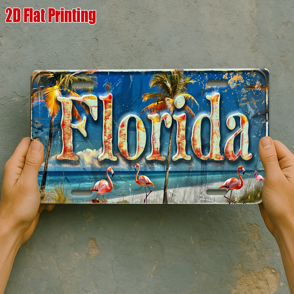 2D Flat Piece, Florida Beach Scene  Metal Sign, Vintage Aluminum Sign, Suitable for Poolside, Patio, Beach Bar