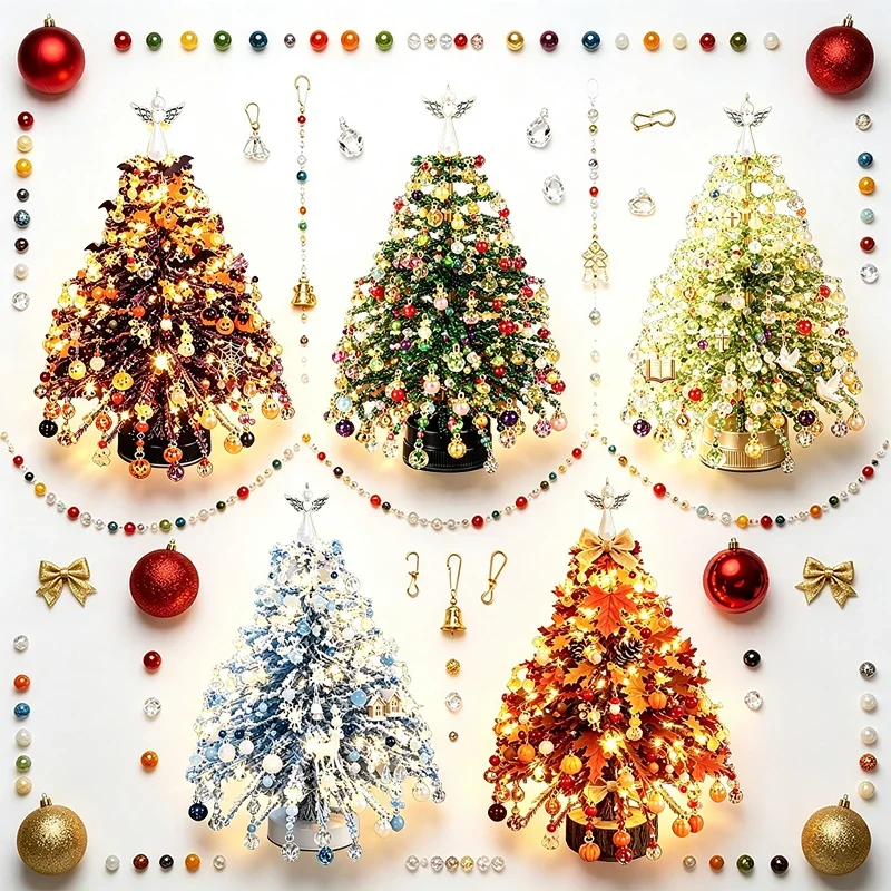 Handmade DIY Beaded Christmas Tree Kit, Holiday Craft Set with LED Lights,Halloween Tree Making Kit, Home Decor Gift for Adults