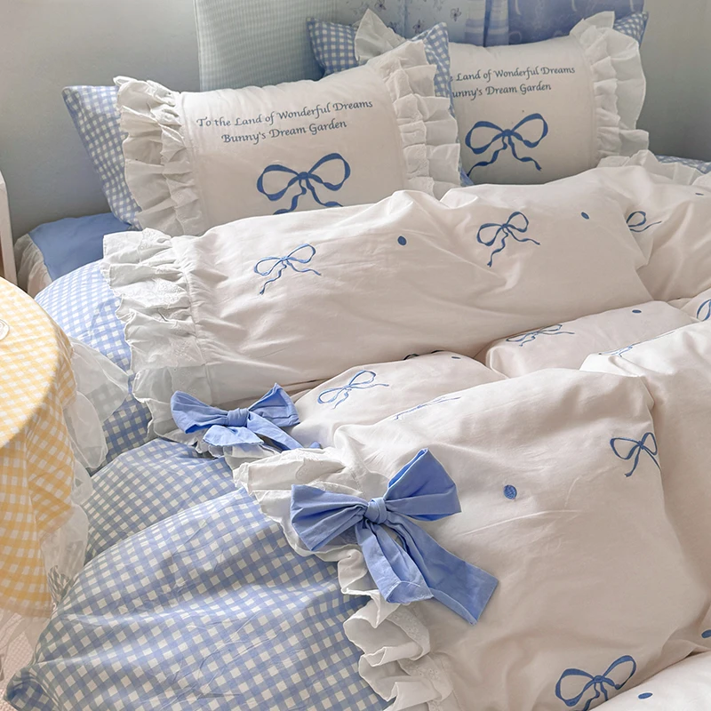 

Korean Princess Style Lace Ruffles Plaid Patchwork Bow Embroidery 100% Cotton Bedding Set Duvet Covers Bed Sheet Pillowcases