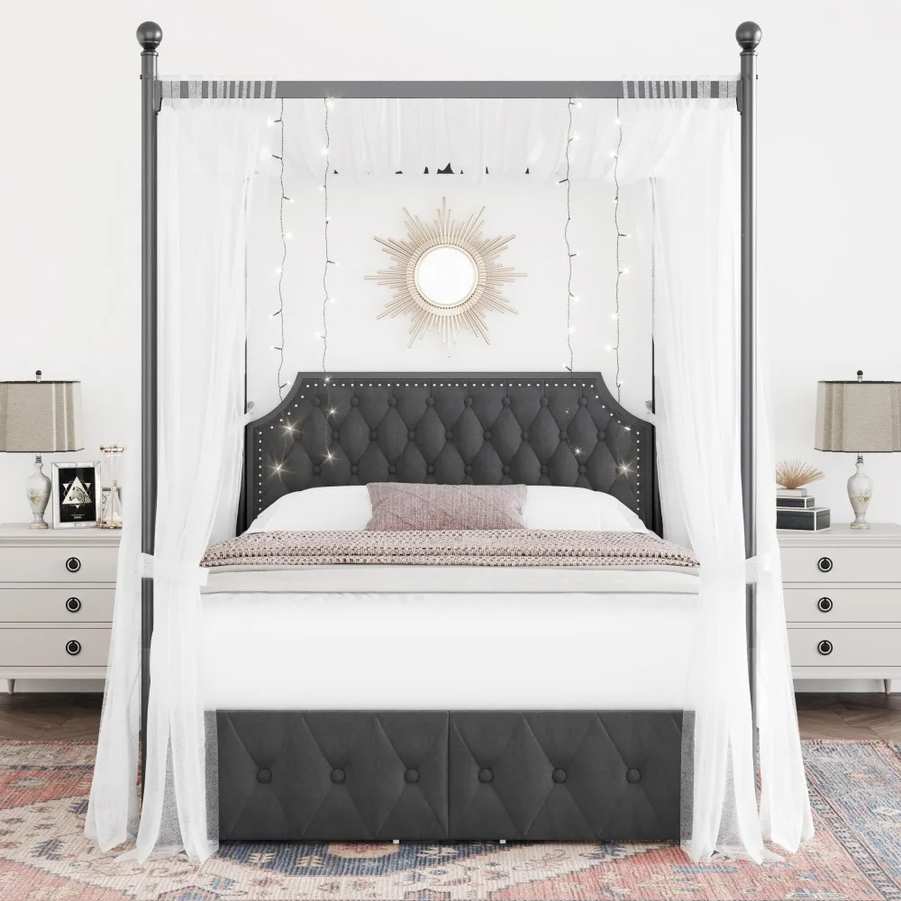 Upholstered Canopy Bed Frame with 3 Drawers and Button Tufted Headboard, Bed with 4 Removable Posts, Curtains Not Included