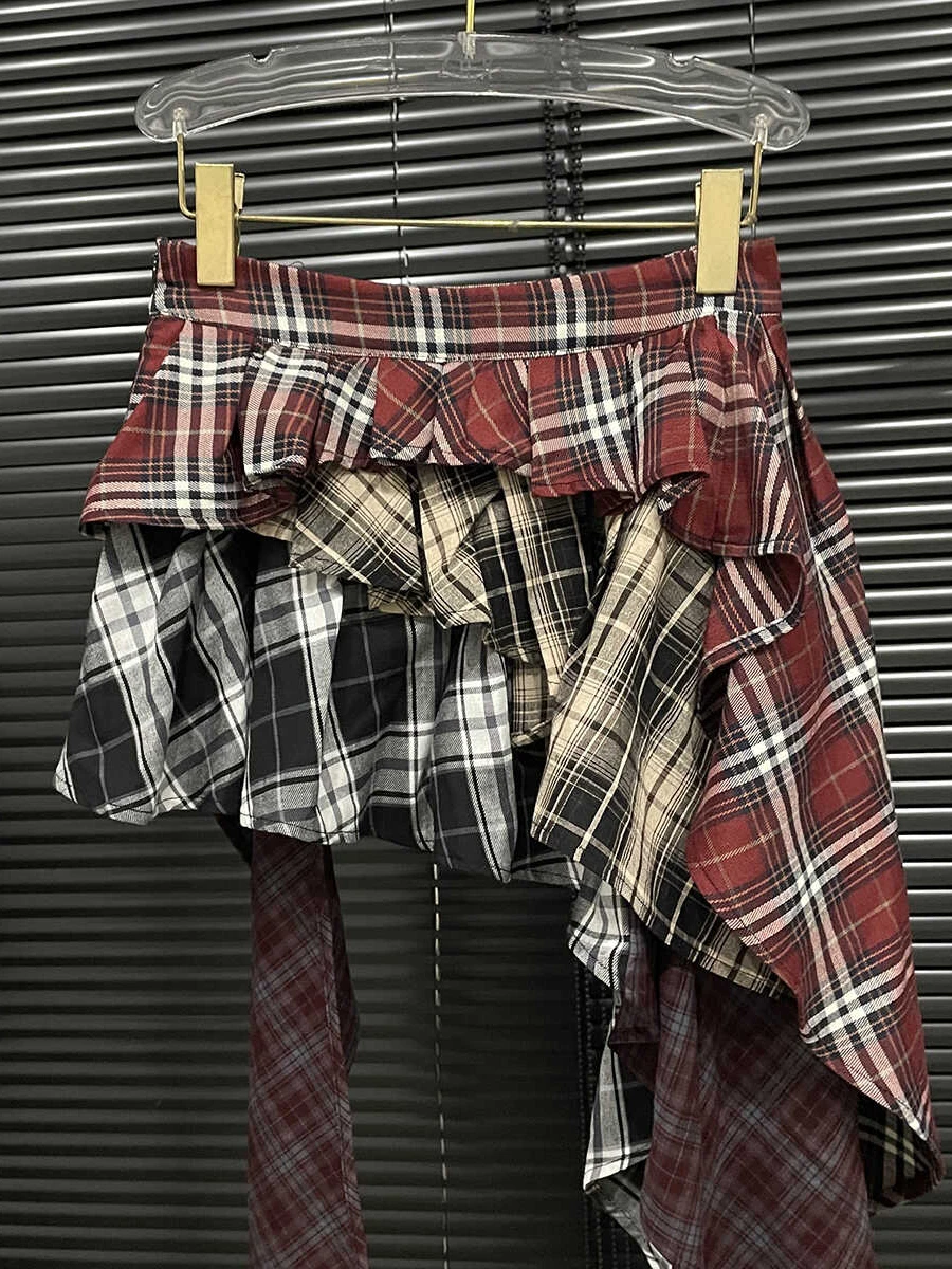 VGH Asymmetrical High Street Slim Mini Skirt For Women High Waist Patchwork Hit Color Plaid Design Skirts Female Autumn Clothes