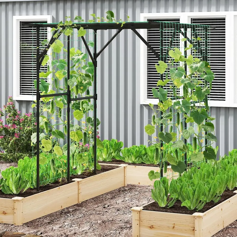 Outdoor Grape Vine Trellis, 79 x 59 x 78 Large Garden Arch with PE-Coated Metal & Netting, Tall Archway Pergola for Cucumbers, V