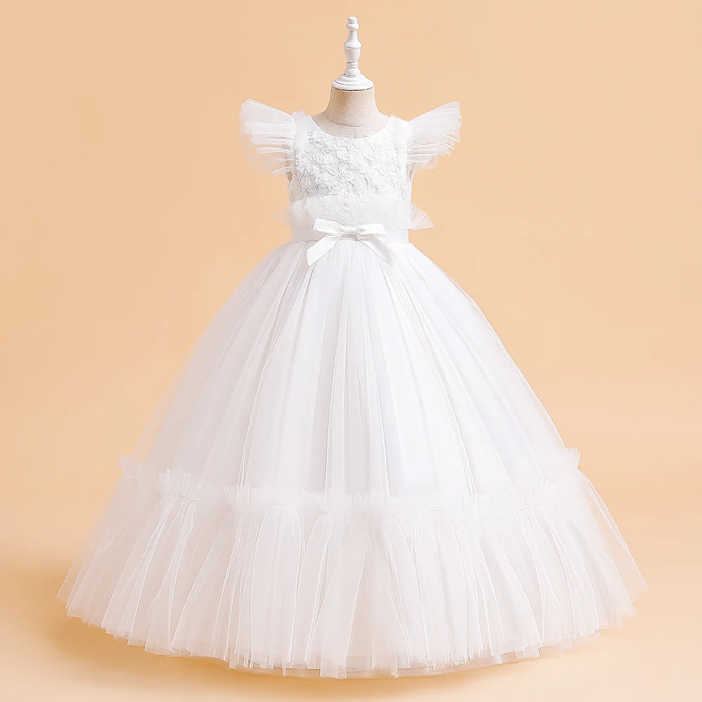 Summer White Tulle Girls Party Dress Children Costumes Long Party Bridesmaids Wedding Dresse for Girls Formal Princess Prom Gown