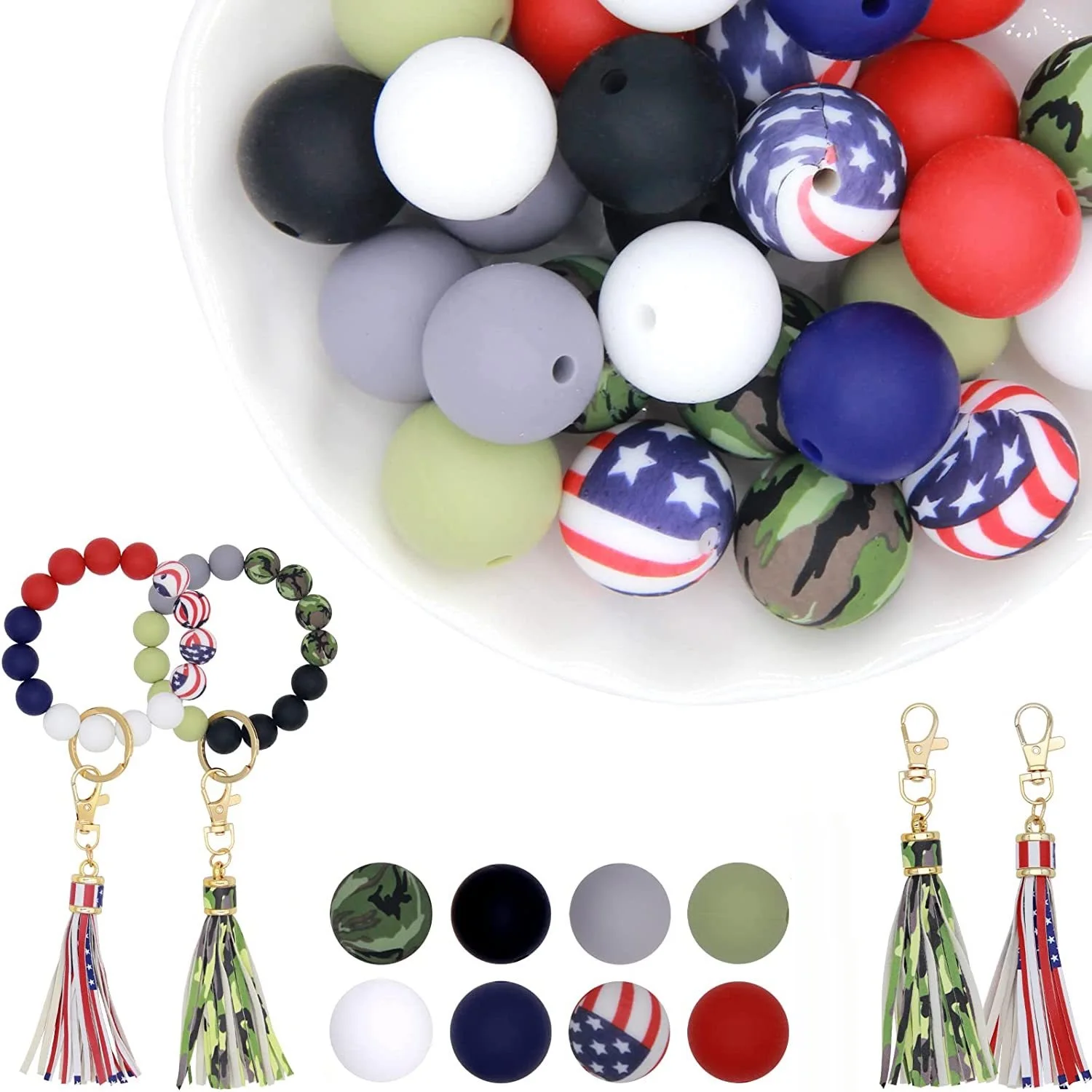 32pcs color silicone glue transfer bead 15mm camouflage silicone bead key chain bracelet PU leather tassel silicone bracelet