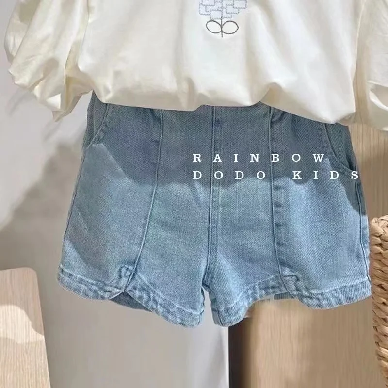 ملابس الأطفال تي شيرت مطرز للفتيات 2025 الصيف الكورية قصيرة الأكمام أعلى الدنيم السراويل الأطفال #3