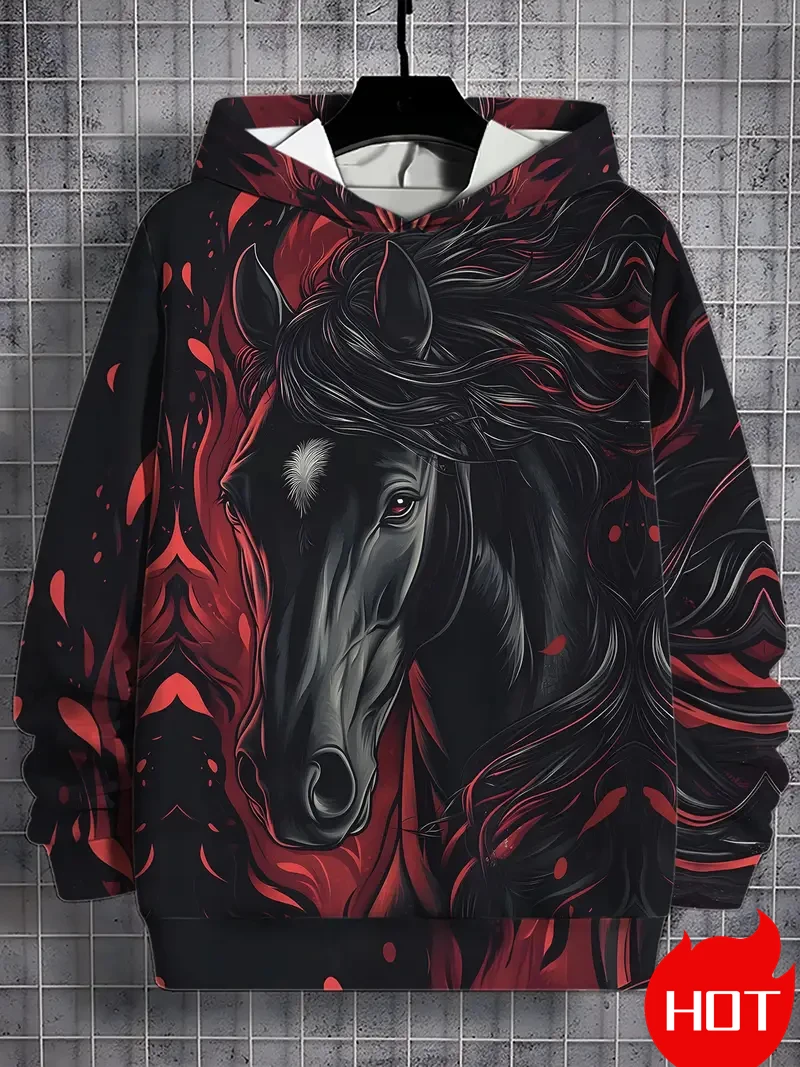 الحصان الجرافيك هوديس للرجال الخريف الشتاء الملابس ثلاثية الأبعاد طباعة بلوزات الجدة للجنسين قناع السترة البلوز Y2k الملابس #3