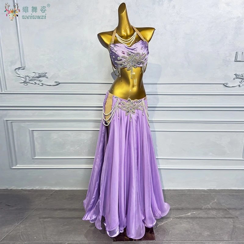 Bauchtanz-Kostüm-Set, individuelle Gestaltung, luxuriöser Diamant-BH + sexy geteilter langer Rock, 2-teilig, orientalische professionelle Performance-Kleidung