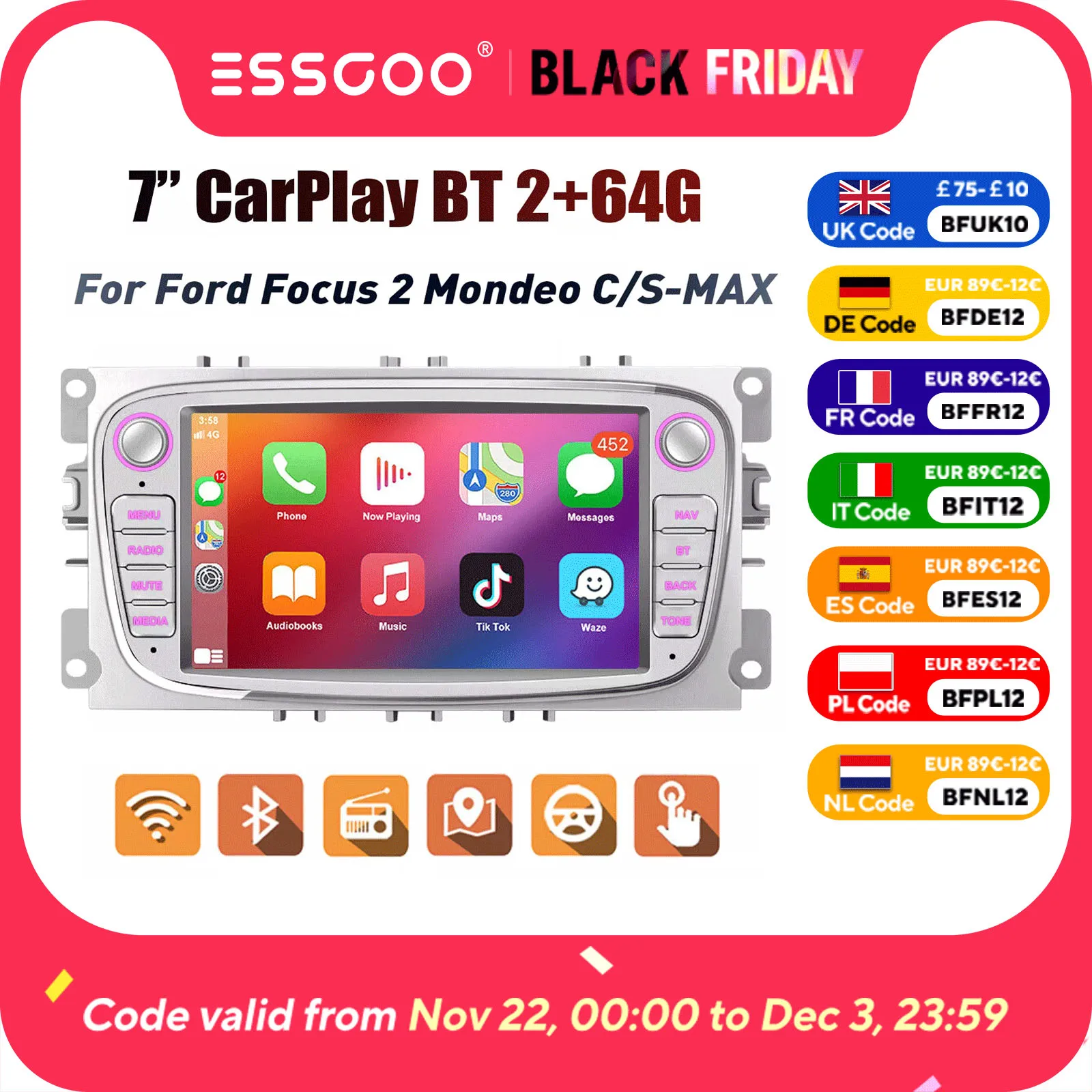 ESSGOO DAB For Ford Transit MK7 Fiesta Fusion Kuga C/S-Max Galaxy Android 13 2+64G Carplay Android Auto Car Stereo GPS WIFI RDS