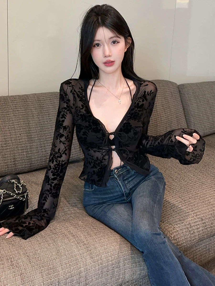 Sexy Elegant Short Sleeve Hollow out T-Shirt Women's Slim Fit High Waist Bell Sleeve Long Sleeve Hollow out Top Base Layer