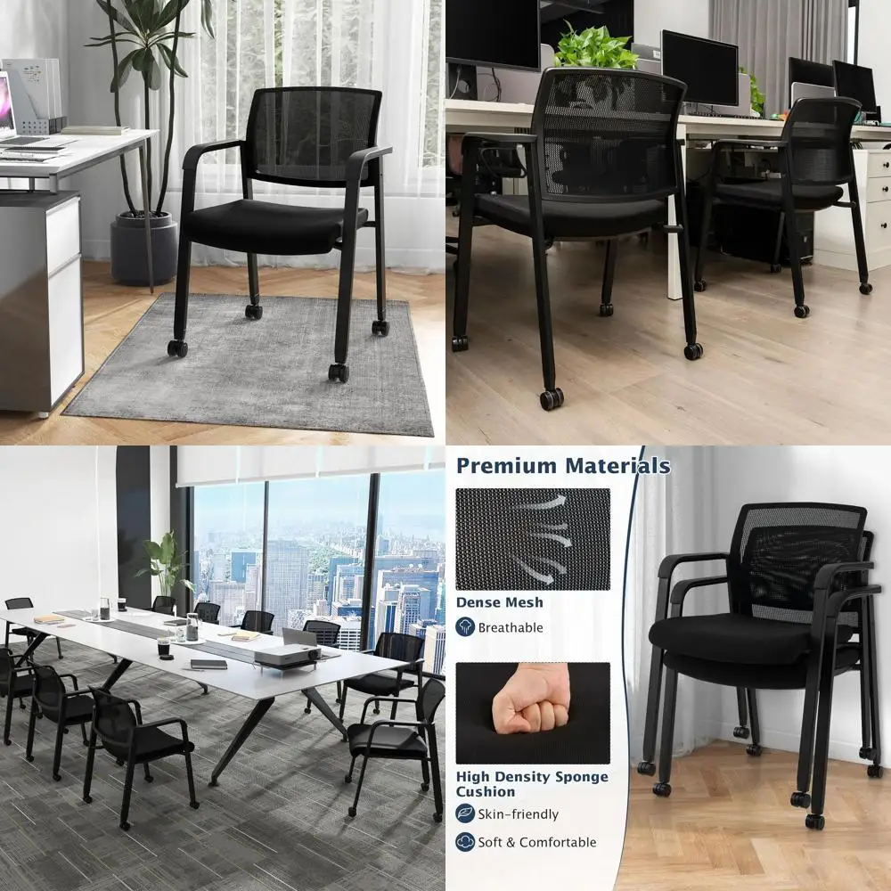 

4-Piece Stackable Office Chairs with PU Wheels, Armrests, Ideal for School, Lobby, and Conference Rooms, Black