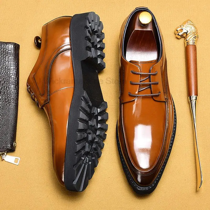 

HKDQ Pointed Tip Men Dress Shoes Genuine Leather Handmade Brogue Lace Up Oxford Derby Shoes Business Office Wedding Formal Shoes