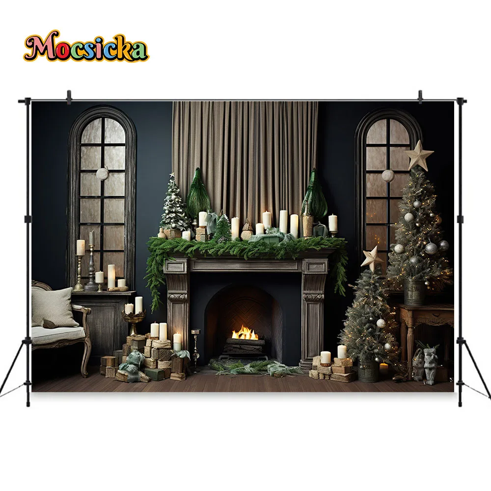 Mocsicka คริสต์มาสเตาผิงพื้นหลังสตูดิโอถ่ายภาพสีเขียว Xmas Tree หน้าต่างฉากหลังตกแต่งฤดูหนาว Family Photo Studio